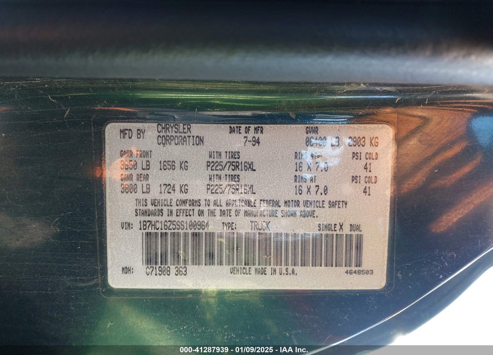 1995 DODGE RAM 1500 VIN: 1B78C16Z5SS100964