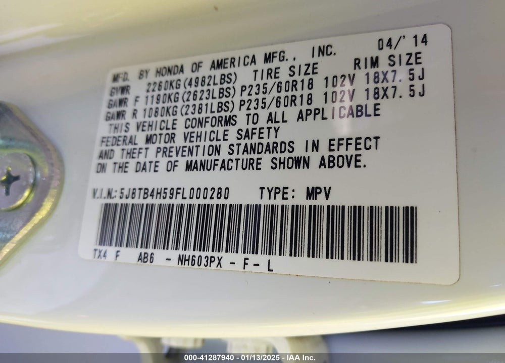 2015 ACURA RDX VIN: 5J8TB4H59FL000280