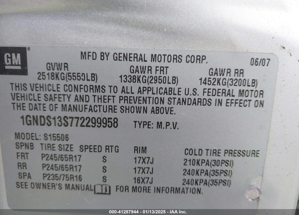 2007 CHEVROLET TRAILBLAZER LT VIN: 1GNDS13S772299958