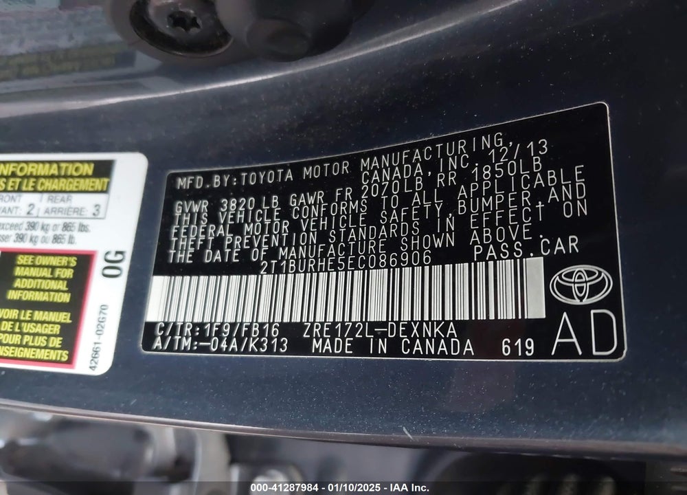 2014 TOYOTA COROLLA LE VIN: 2T1BURHE5EC086906