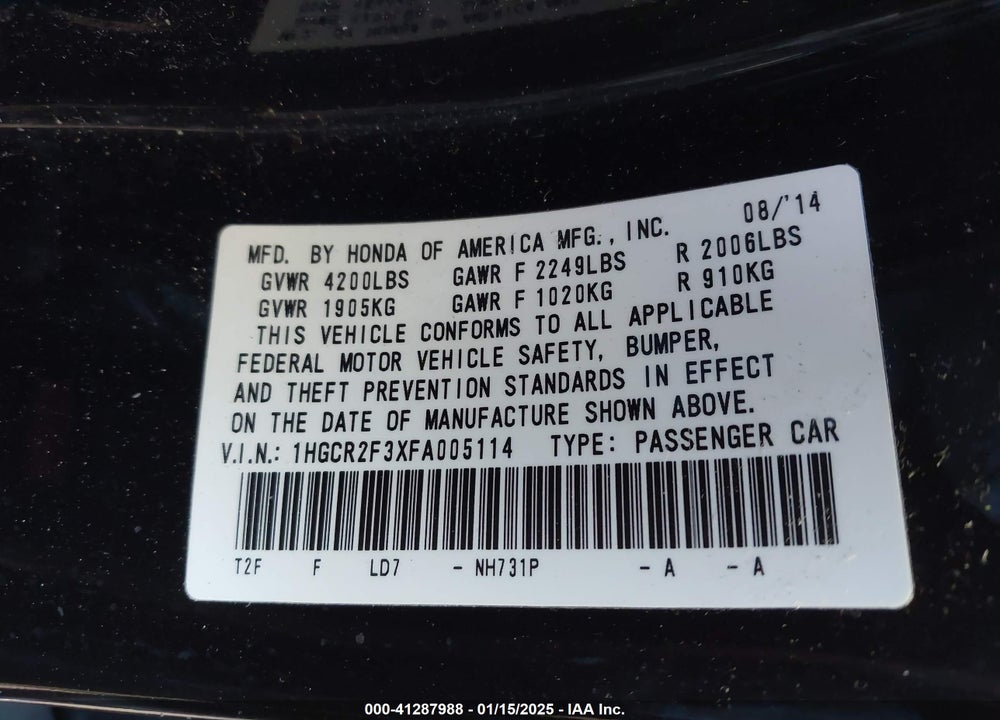 2015 HONDA ACCORD VIN: 1HGCR2F3XFA005114