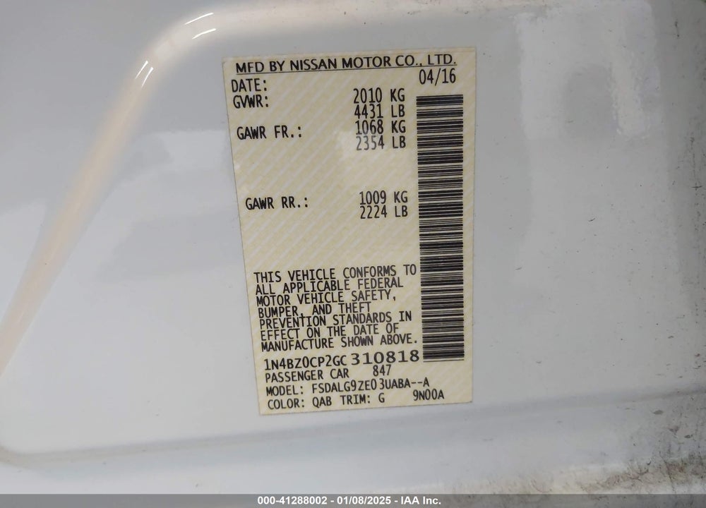 2016 NISSAN LEAF VIN: 1N4BZ0CP2GC310818