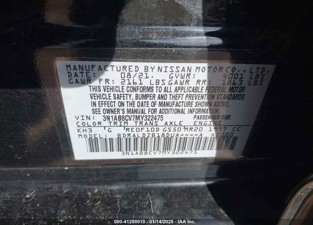 2021 NISSAN SENTRA VIN: 3N1AB8CV7MY322475