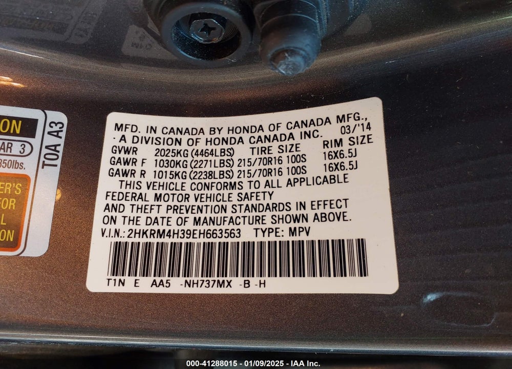 2014 HONDA CR-V LX VIN: 2HKRM4H39EH663563