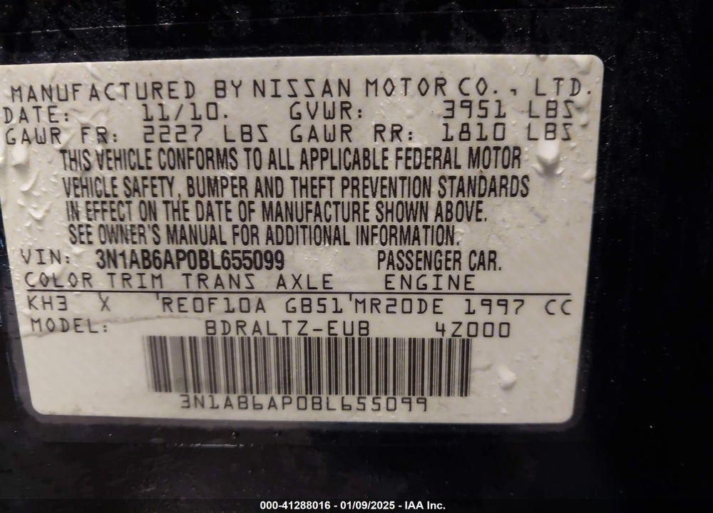2011 NISSAN SENTRA VIN: 3N1AB6AP0BL655099