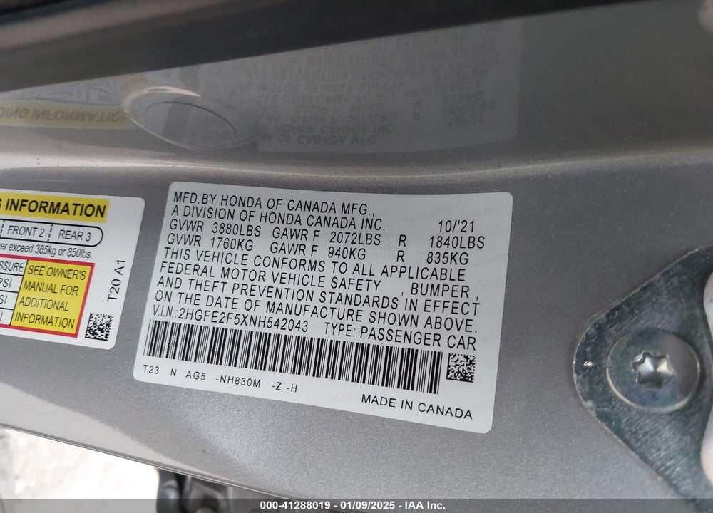 2022 HONDA CIVIC SPORT VIN: 2HGFE2F5XNH542043