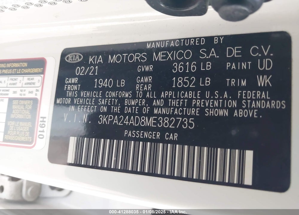 2021 KIA RIO VIN: 3KPA24AD8ME382735