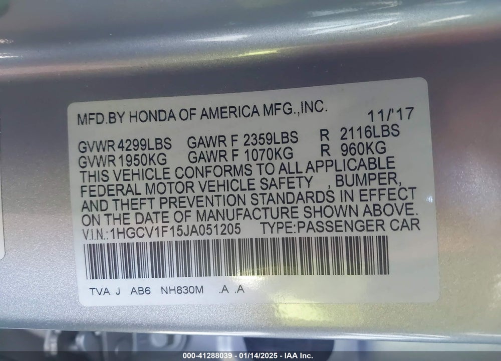 2018 HONDA ACCORD LX VIN: 1HGCV1F15JA051205