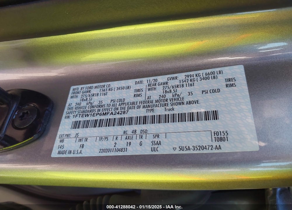 2021 FORD F-150 VIN: 1FTEW1EP6MFA24287