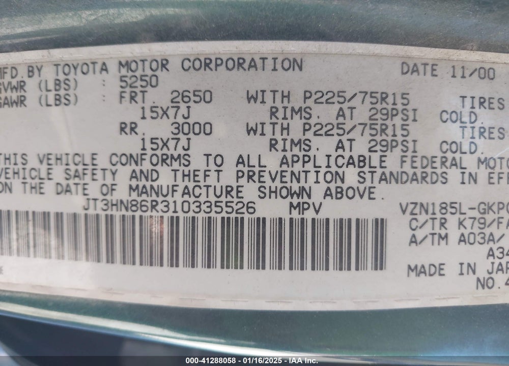 2001 TOYOTA 4RUNNER SR5 V6 VIN: JT3HN86R310335526