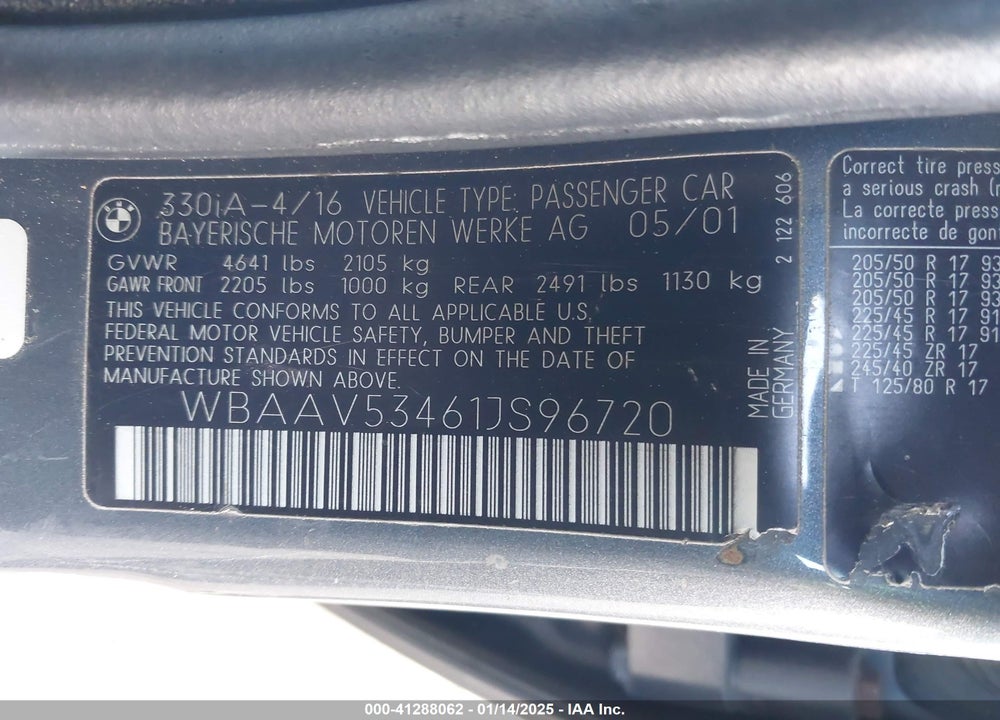 2001 BMW 330I VIN: WBAAV53461JS96720