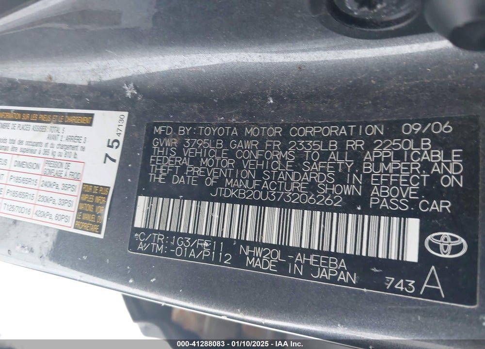 2007 TOYOTA PRIUS VIN: JTDKB20U373206262