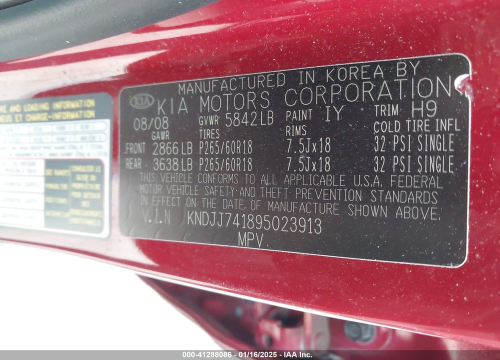 2009 KIA BORREGO EX V6 VIN: KNDJJ741895023913