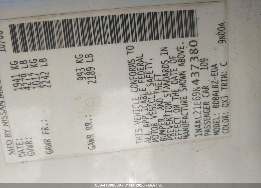 2009 NISSAN ALTIMA VIN: 1N4AL21E69N437380