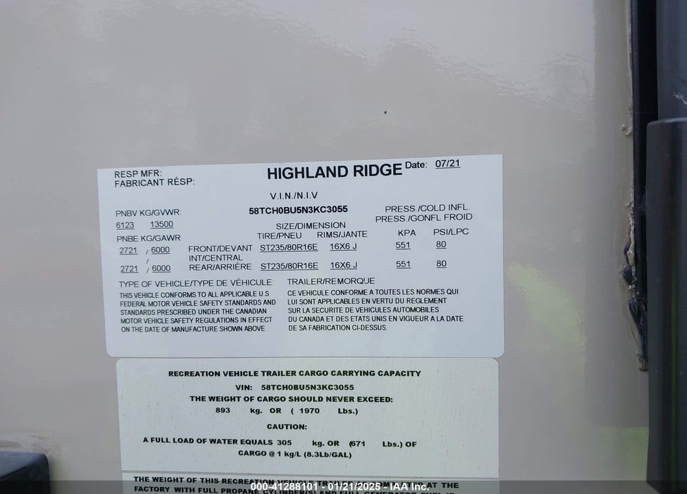 2022 HIGHLAND RIDGE MES VIN: 58TCH0BU5N3KC3055