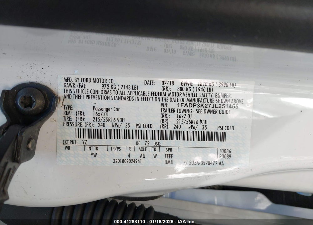 2018 FORD FOCUS VIN: 1FADP3K27JL251455