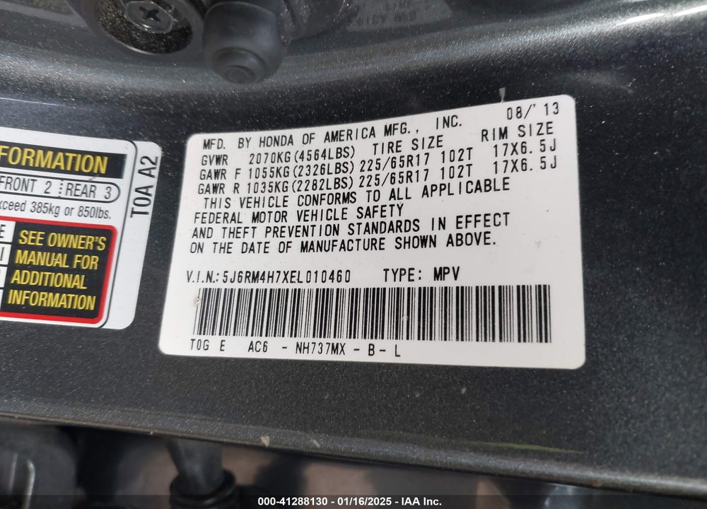 2014 HONDA CR-V EX-L VIN: 5J6RM4H7XEL010460