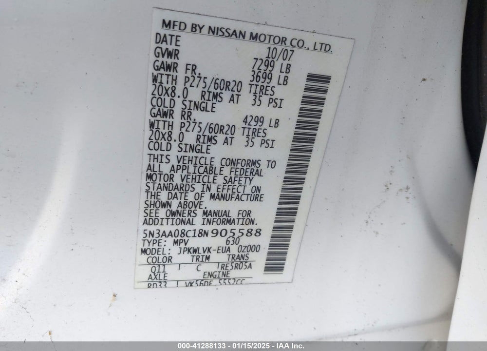 2008 INFINITI QX56 VIN: 5N3AA08C18N905588