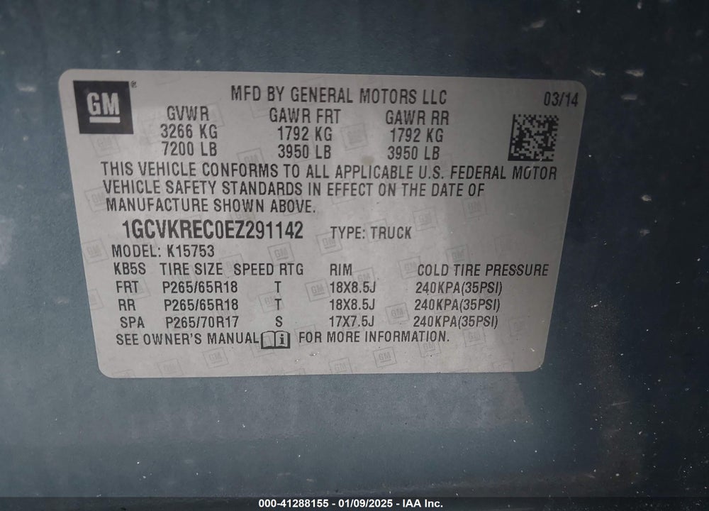 2014 CHEVROLET SILVERADO 1500 VIN: 1GCVKREC0EZ291142