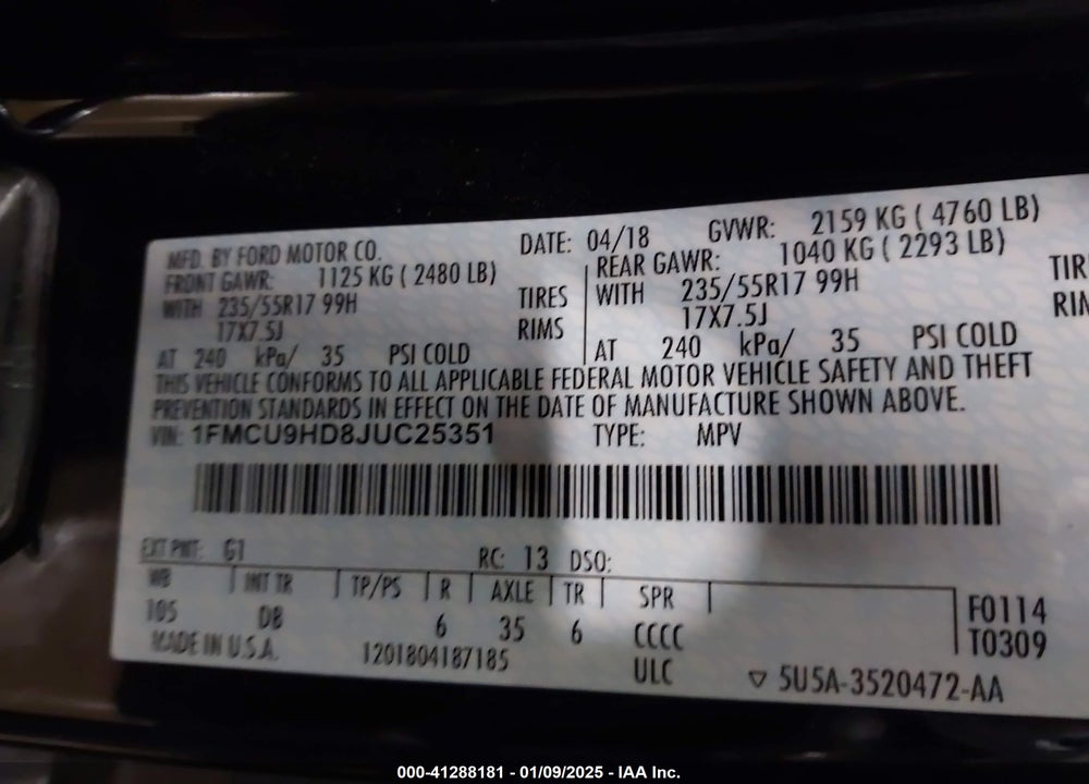 2018 FORD ESCAPE SEL VIN: 1FMCU9HD8JUC25351