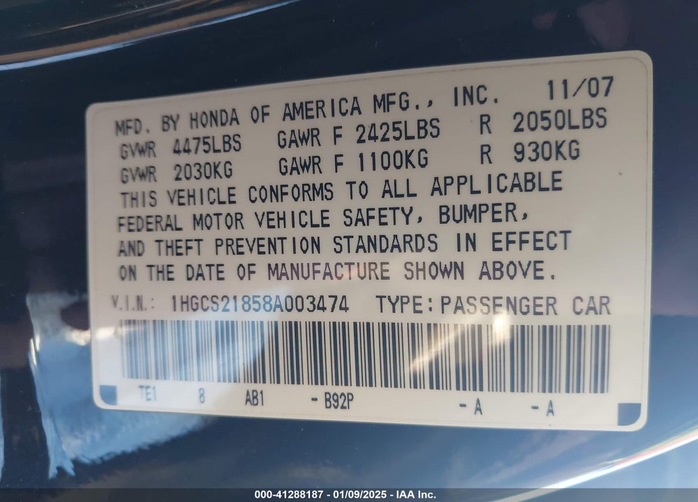 2008 HONDA ACCORD 3.5 EX-L VIN: 1HGCS21858A003474