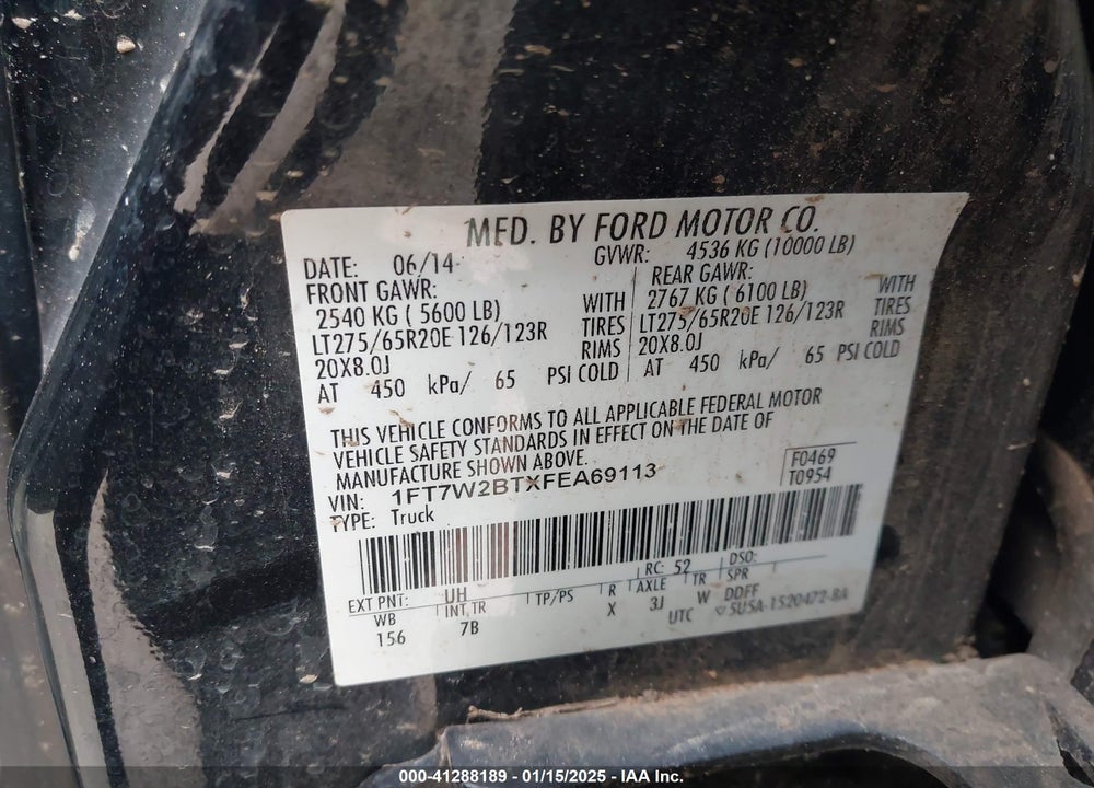2015 FORD F-250 VIN: 1FT7W2BTXFEA69113