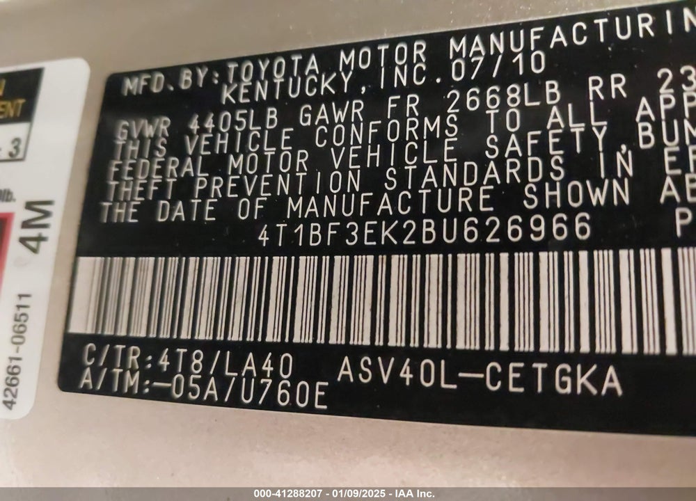 2011 TOYOTA CAMRY VIN: 4T1BF3EK2BU626966