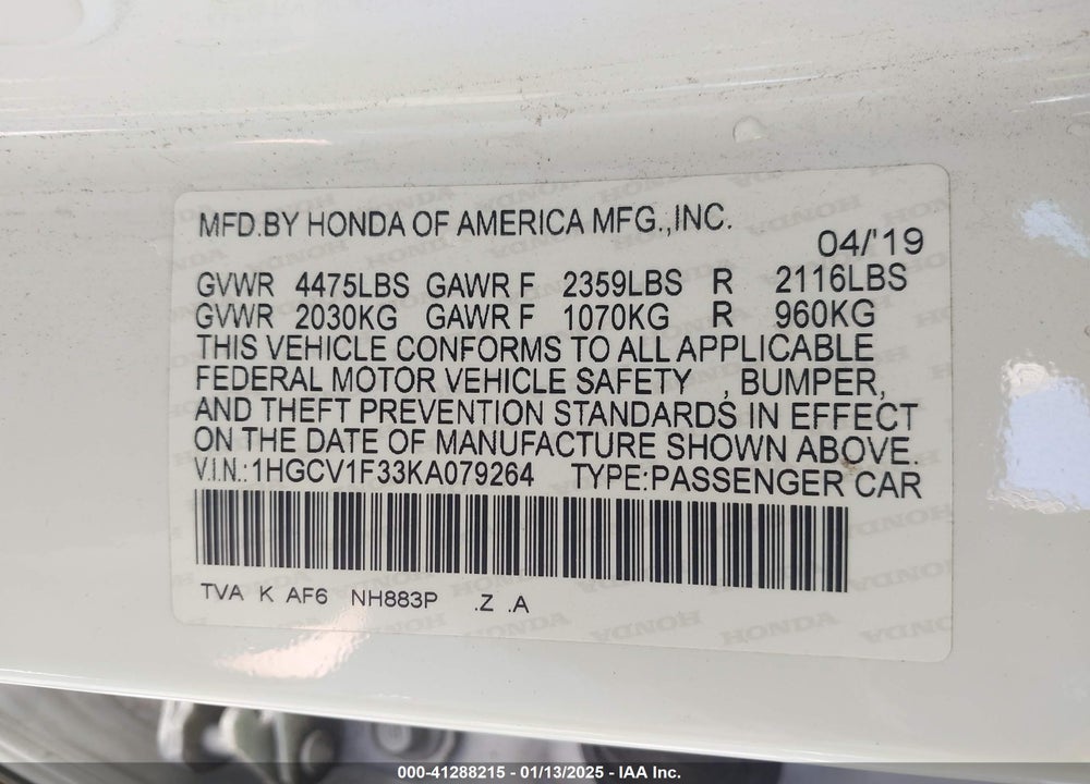 2019 HONDA ACCORD VIN: 1HGCV1F33KA079264