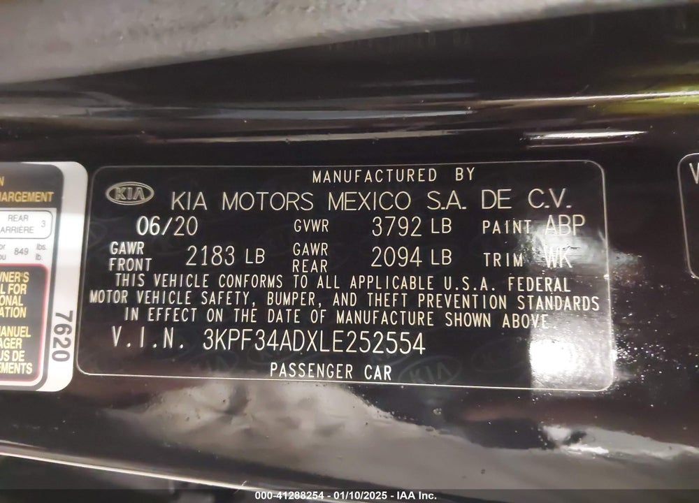 2020 KIA FORTE GT LINE VIN: 3KPF34ADXLE252554