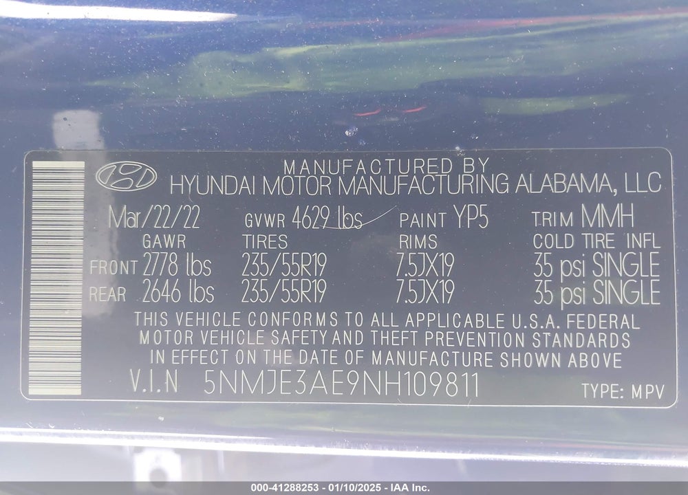 2022 HYUNDAI TUCSON LIMITED VIN: 5NMJE3AE9NH109811