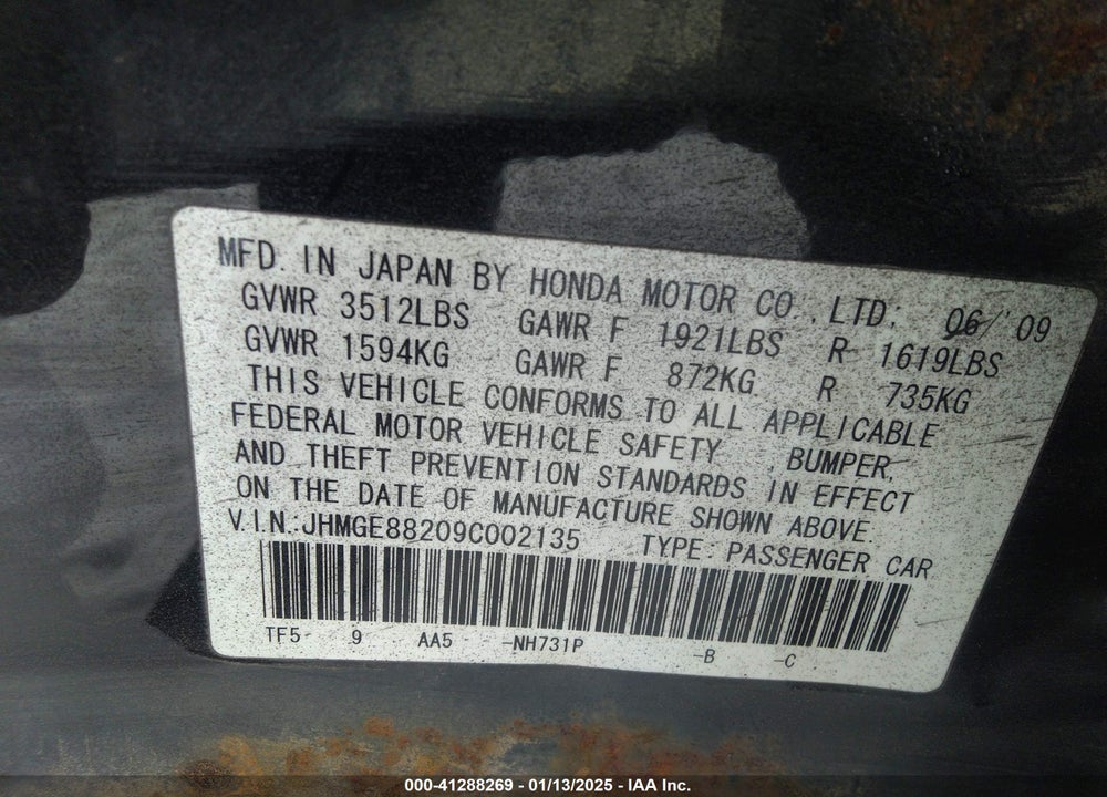 2009 HONDA FIT VIN: JHMGE88209C002135