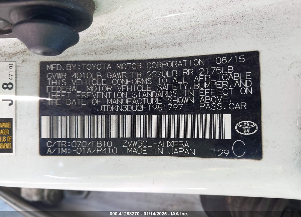 2015 TOYOTA PRIUS VIN: JTDKN3DU2F1981797