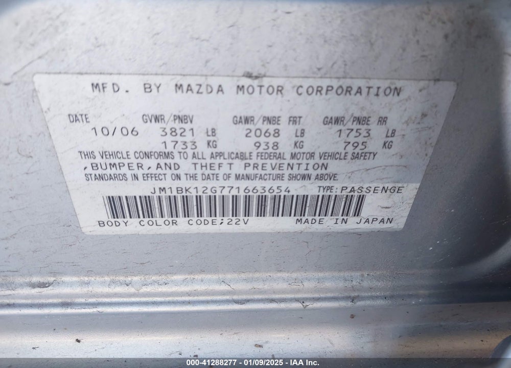 2007 MAZDA 3 I VIN: JM1BK12G771663654