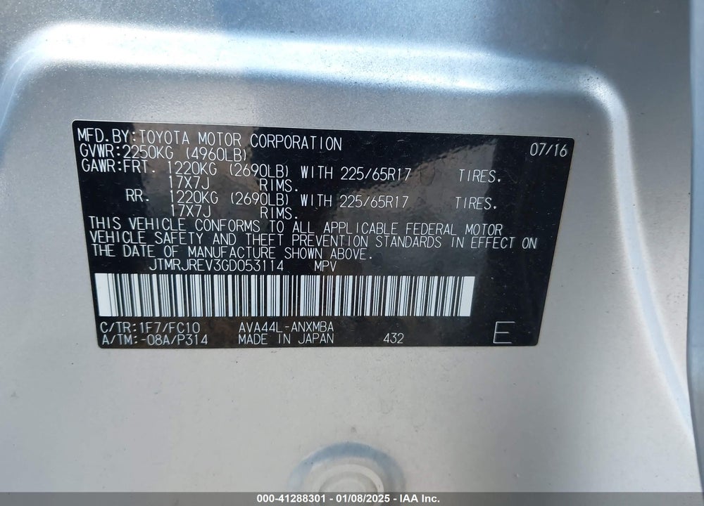 2016 TOYOTA RAV4 HYBRID XLE VIN: JTMRJREV3GD053114
