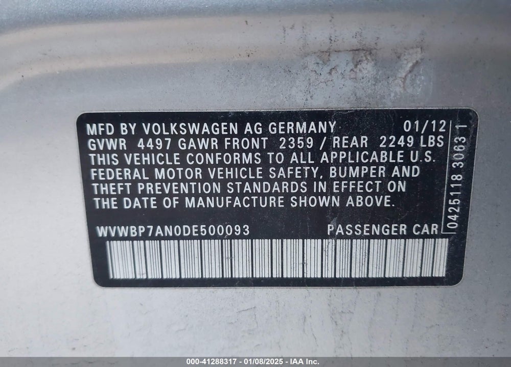 2013 VOLKSWAGEN CC VIN: WVWBP7AN0DE500093