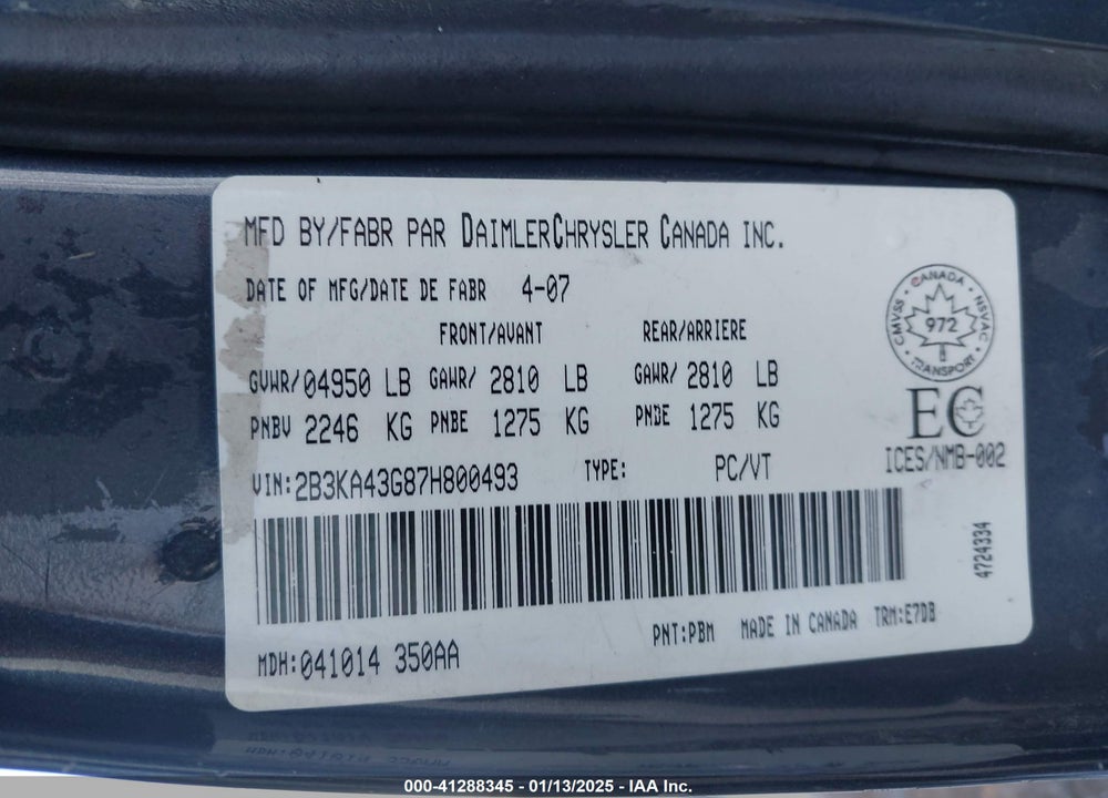 2007 DODGE CHARGER VIN: 2B3KA43G87H800493