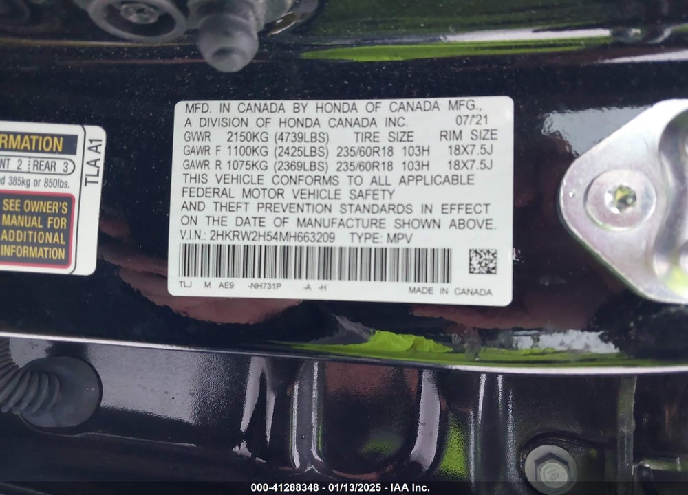 2021 HONDA CR-V AWD EX VIN: 2HKRW2H54MH663209