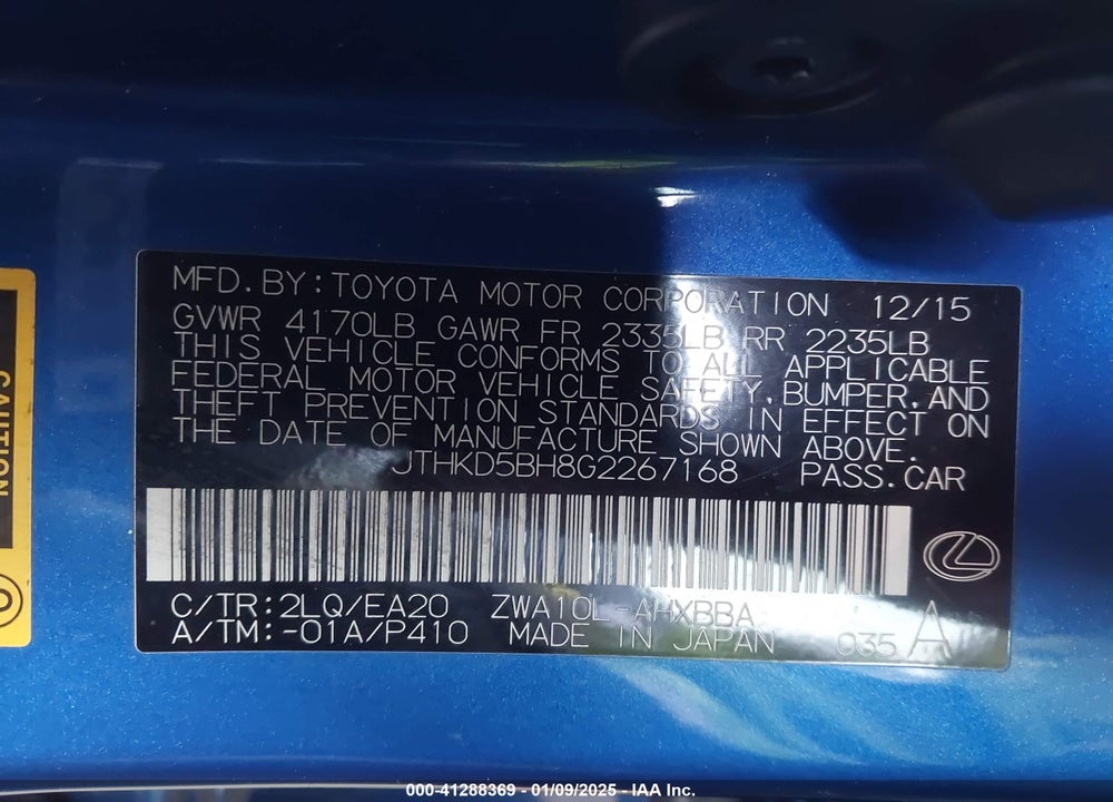 2016 LEXUS CT 200H VIN: JTHKD5BH8G2267168
