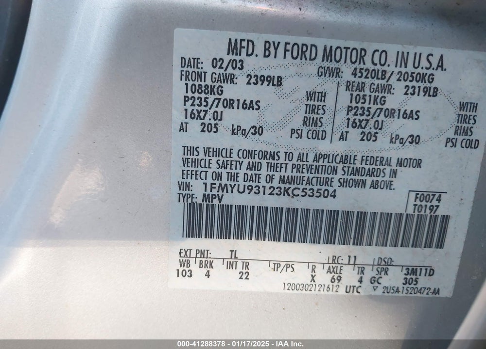 2003 FORD ESCAPE XLT VIN: 1FMYU93123KC53504