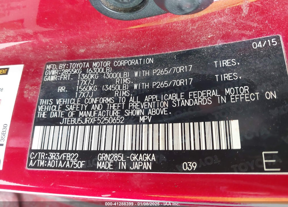 2015 TOYOTA 4RUNNER VIN: JTEBU5JRXF5250652