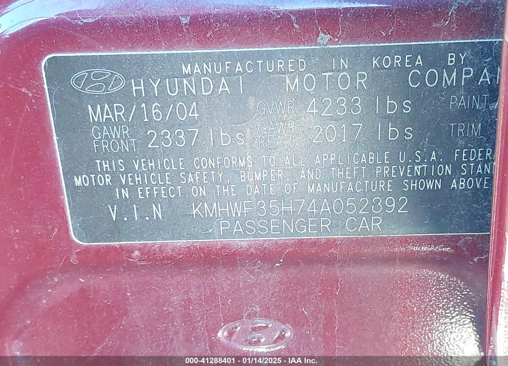 2004 HYUNDAI SONATA GLS/LX VIN: KMHWF35H74A052892