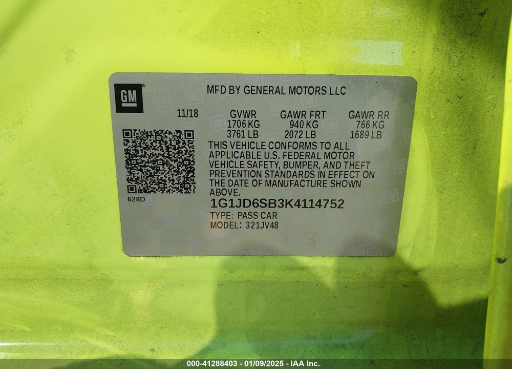 2019 CHEVROLET SONIC LT AUTO VIN: 1G1JD6SB3K4114752