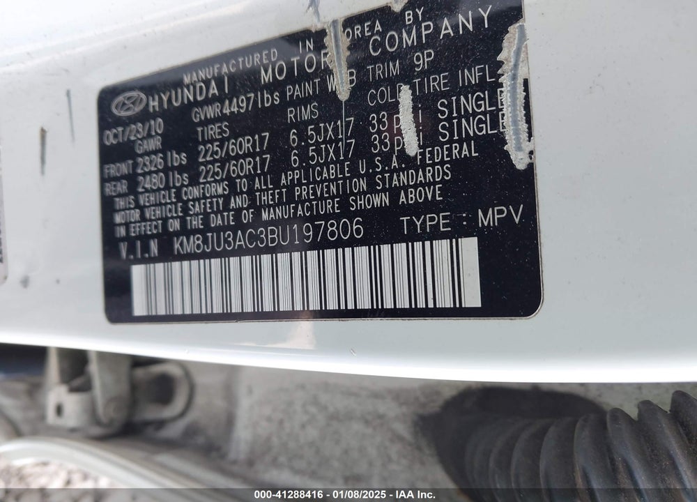 2011 HYUNDAI TUCSON GLS VIN: KM8JU3AC3BU197806