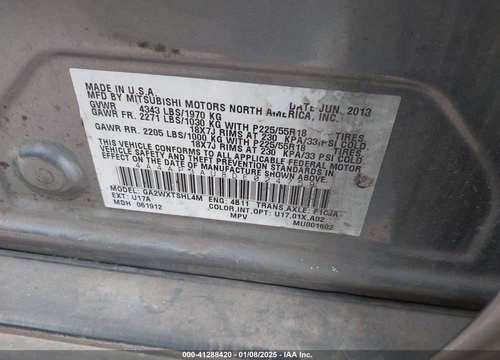 2013 MITSUBISHI OUTLANDER SPORT ES VIN: 4A4AP3AU8DE024759