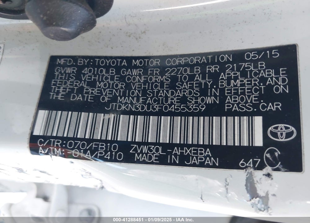 2015 TOYOTA PRIUS VIN: JTDKN3DU3F0455359