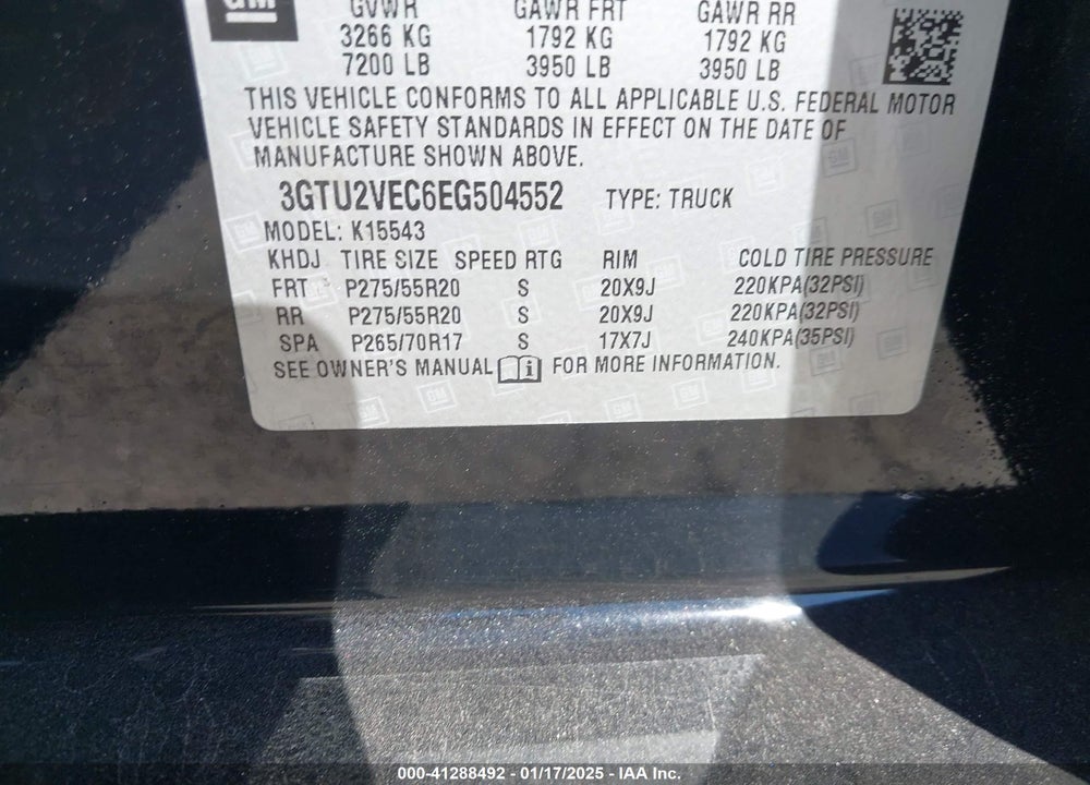 2014 GMC SIERRA 1500 VIN: 3GTU2VEC6EG504552