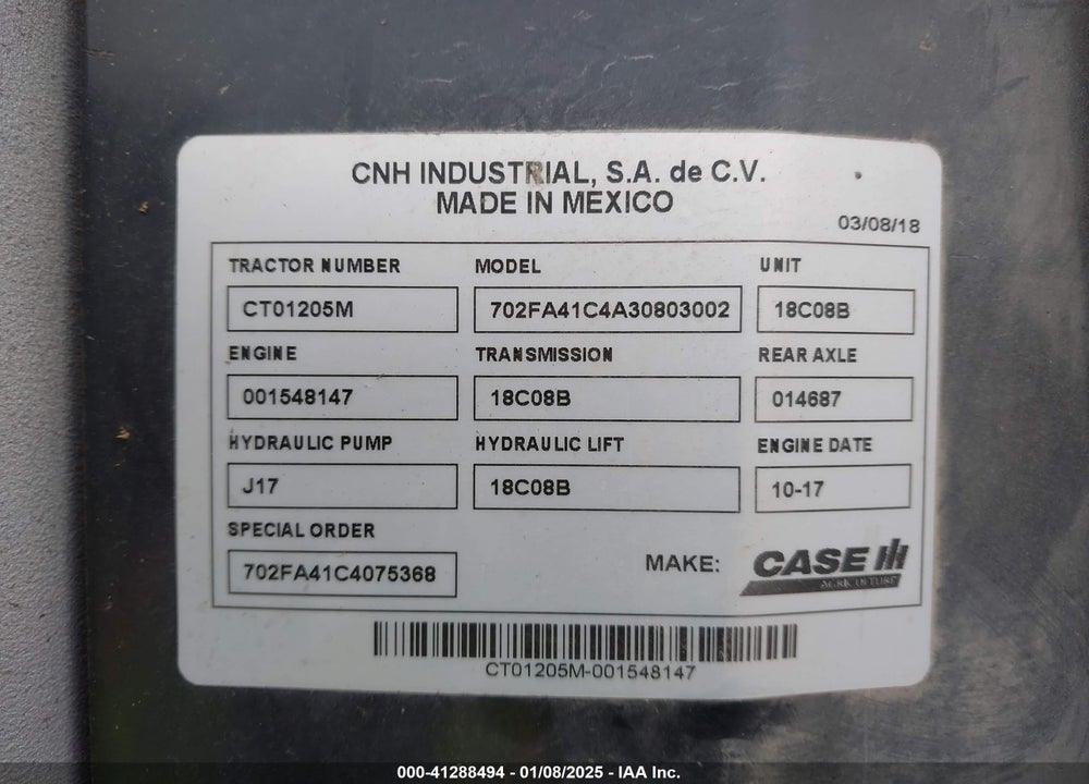 2018 UNDEFINED 110A TRACTOR VIN: CT01205M001548147
