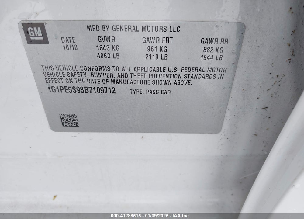 2011 CHEVROLET CRUZE LT VIN: 1G1PE5S93B7109712