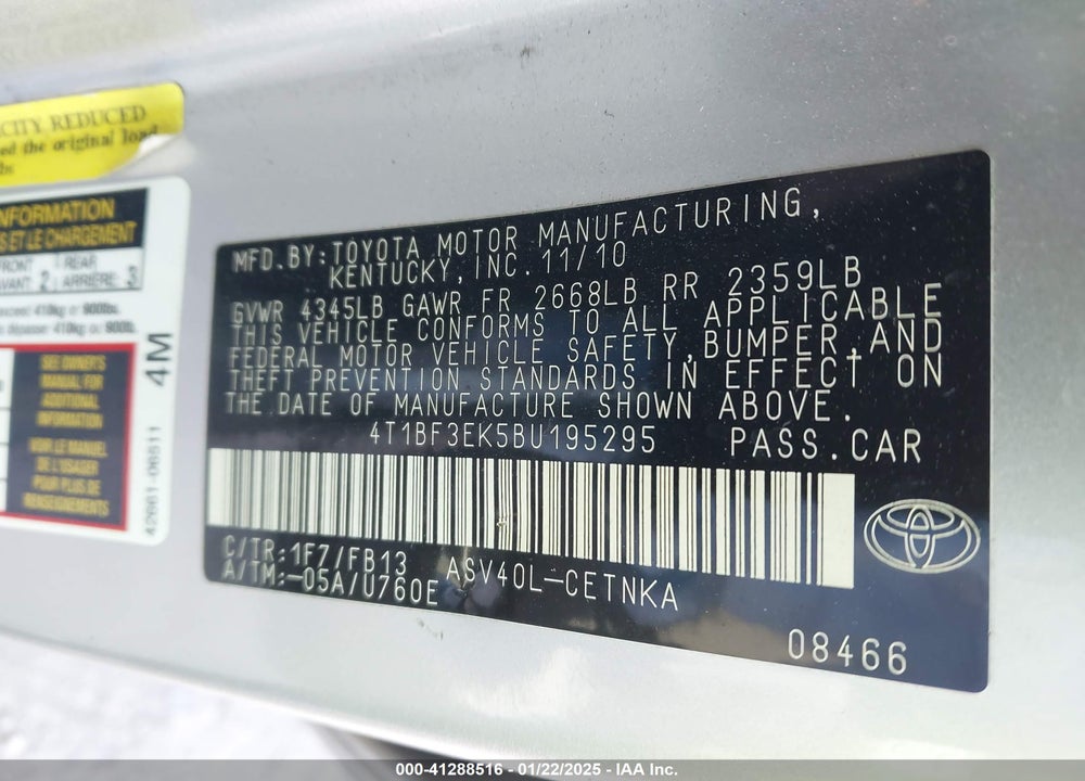 2011 TOYOTA CAMRY LE VIN: 4T1BF3EK5BU195295