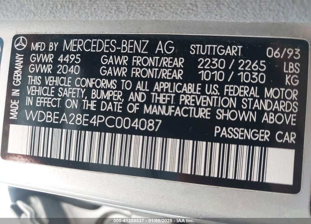 1993 MERCEDES-BENZ 300 E 2.8 VIN: WDBEA28E4PC004087